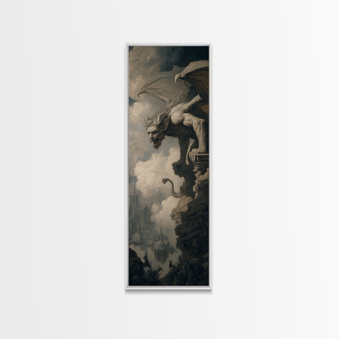 The Gargoyle Sentinel, Baroque Witchcraft Art, Tall Narrow Wall Art, Dark Fantasy Wall Art, Canvas Print, Halloween Wall Art
