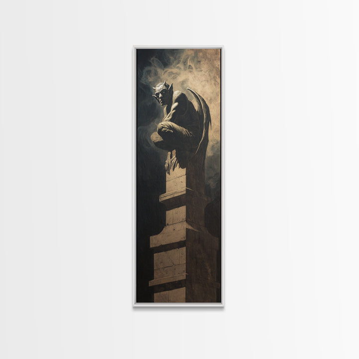 The Gargoyle Sentinel, Gothic Nightmare Art, Tall Narrow Wall Art, Macabre Wall Art, Framed Canvas Print, Halloween Wall Art
