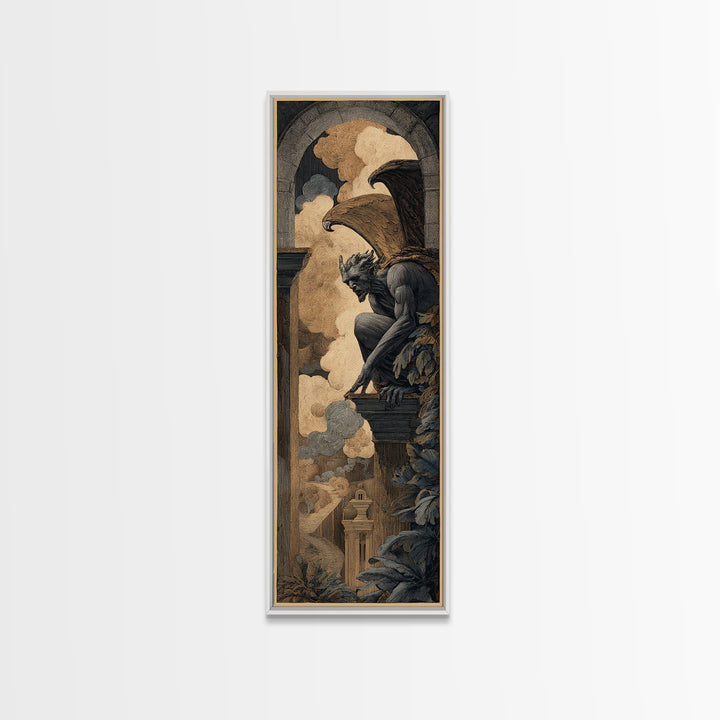 The Gargoyle Sentinel, Visionary Gothic Art, Tall Narrow Wall Art, Gothic Horror Wall Art, Canvas Print, Halloween Wall Art