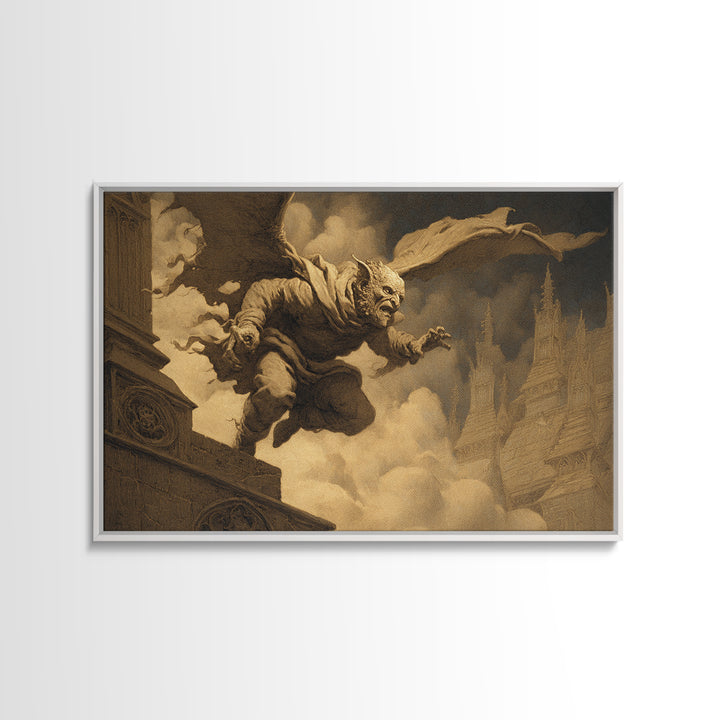 The Gargoyle Sentinel, Romantic Gothic Landscape, Landscape Wall Art, Gothic Horror Wall Art, Canvas Print, Halloween Wall Art