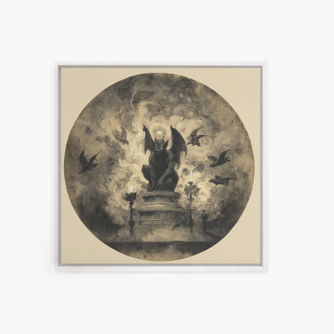 The Gargoyle Sentinel, Symbolist Dream Art, Square Wall Art, Dark Halloween Decor, Framed Canvas Print, Halloween Wall Art