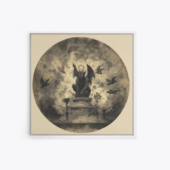 The Gargoyle Sentinel, Symbolist Dream Art, Square Wall Art, Dark Halloween Decor, Framed Canvas Print, Halloween Wall Art