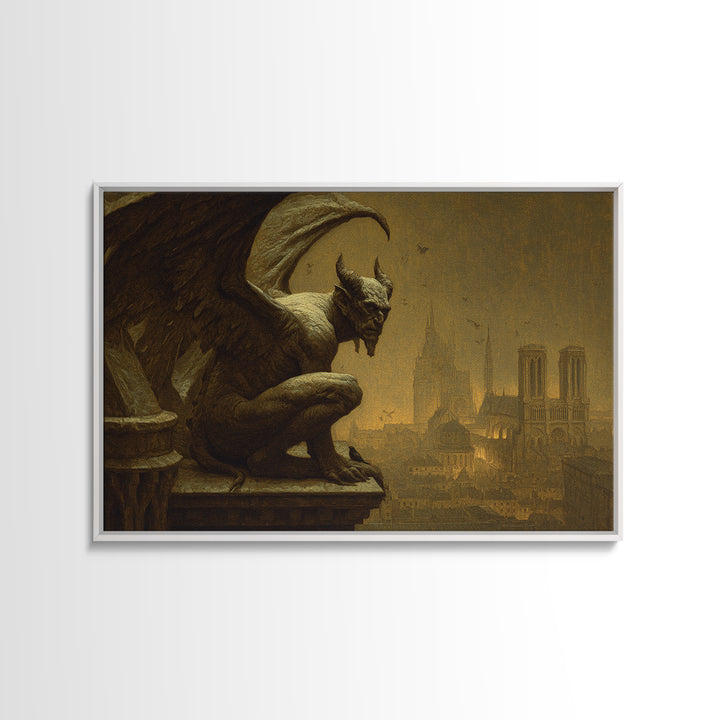 The Gargoyle Sentinel, Symbolist Gothic Landscape, Landscape Wall Art, Dark Halloween Decor, Framed Canvas Print, Halloween Wall Art