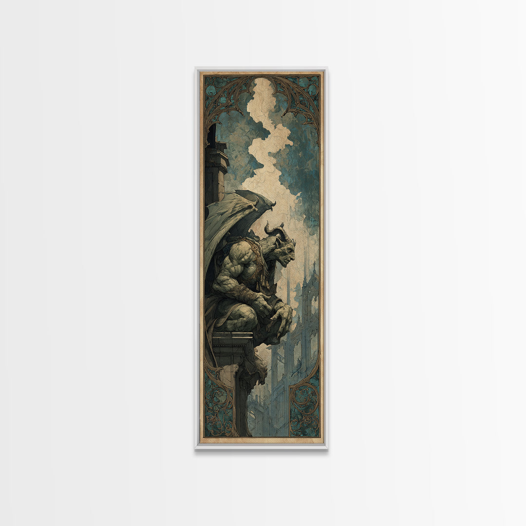 The Gargoyle Sentinel, Ornate Symbolist Art, Tall Narrow Wall Art, Dark Halloween Decor, Framed Canvas Print, Halloween Wall Art