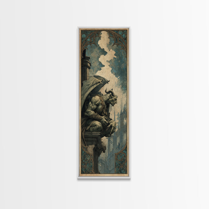 The Gargoyle Sentinel, Ornate Symbolist Art, Tall Narrow Wall Art, Dark Halloween Decor, Framed Canvas Print, Halloween Wall Art