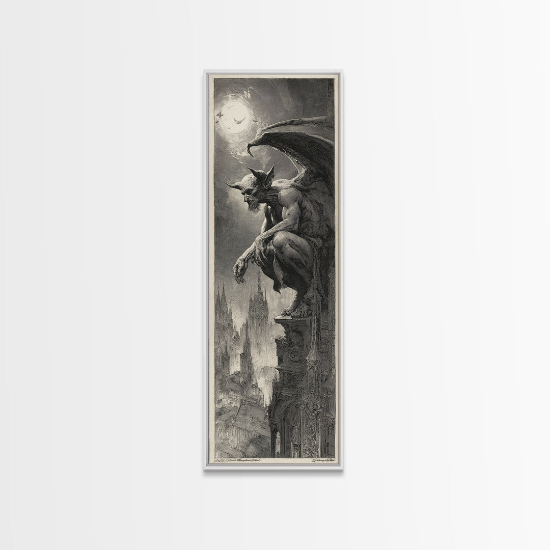 The Gargoyle Sentinel, Decadent Gothic Art, Tall Narrow Wall Art, Macabre Wall Art, Canvas Print, Halloween Wall Art