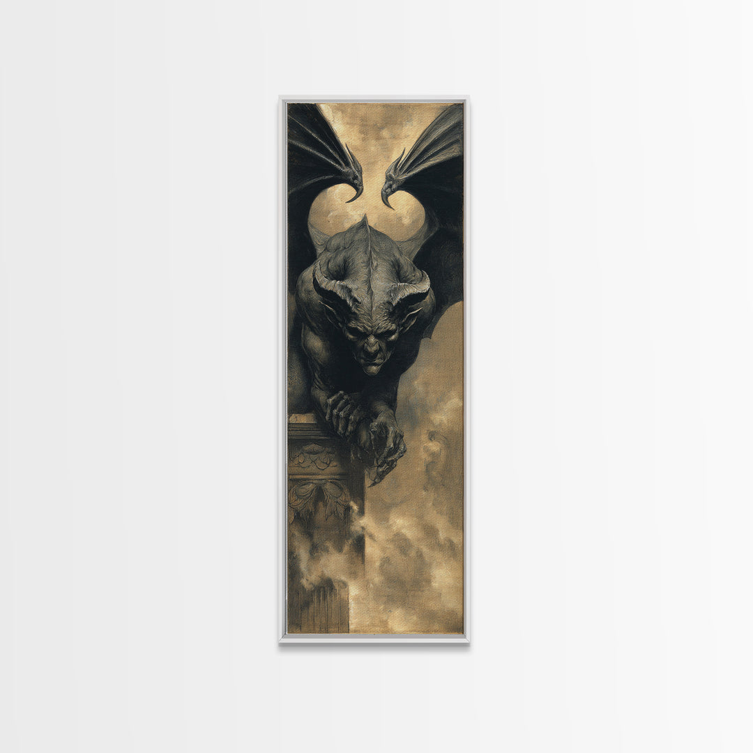 The Gargoyle Sentinel, Dark Symbolist Art, Tall Narrow Wall Art, Gothic Horror Wall Art, Canvas Print, Halloween Wall Art