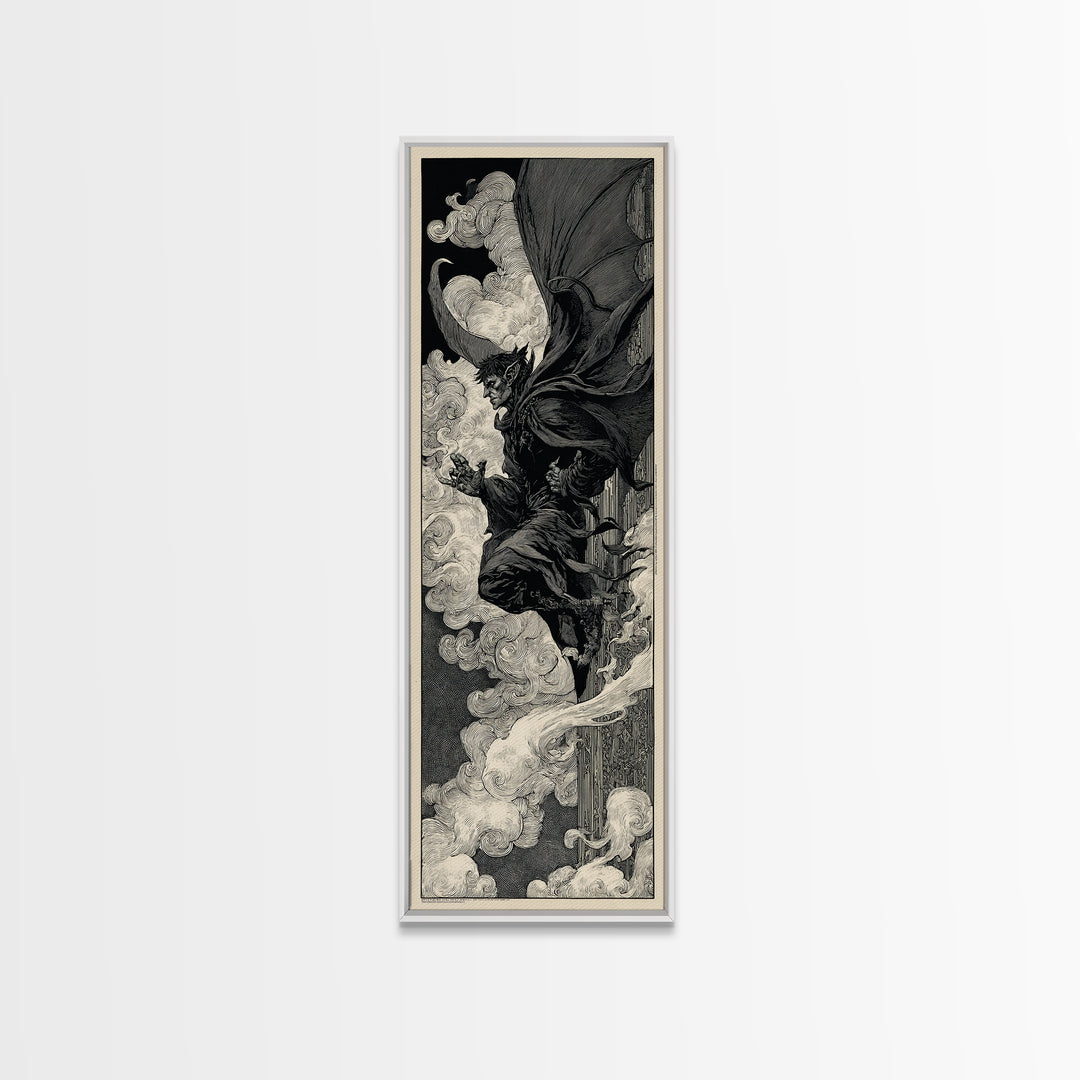 The Gargoyle Sentinel, Decadent Line Art, Tall Narrow Wall Art, Macabre Wall Art, Canvas Print, Halloween Wall Art