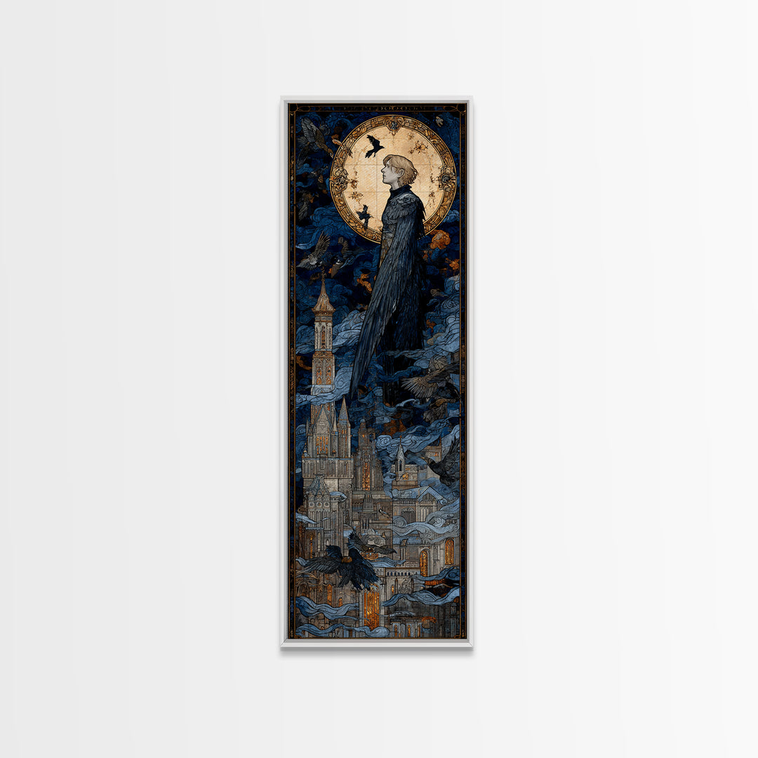 The Gargoyle Sentinel, Stained Glass Gothic Art, Tall Narrow Wall Art, Gothic Horror Wall Art, Canvas Print, Halloween Wall Art
