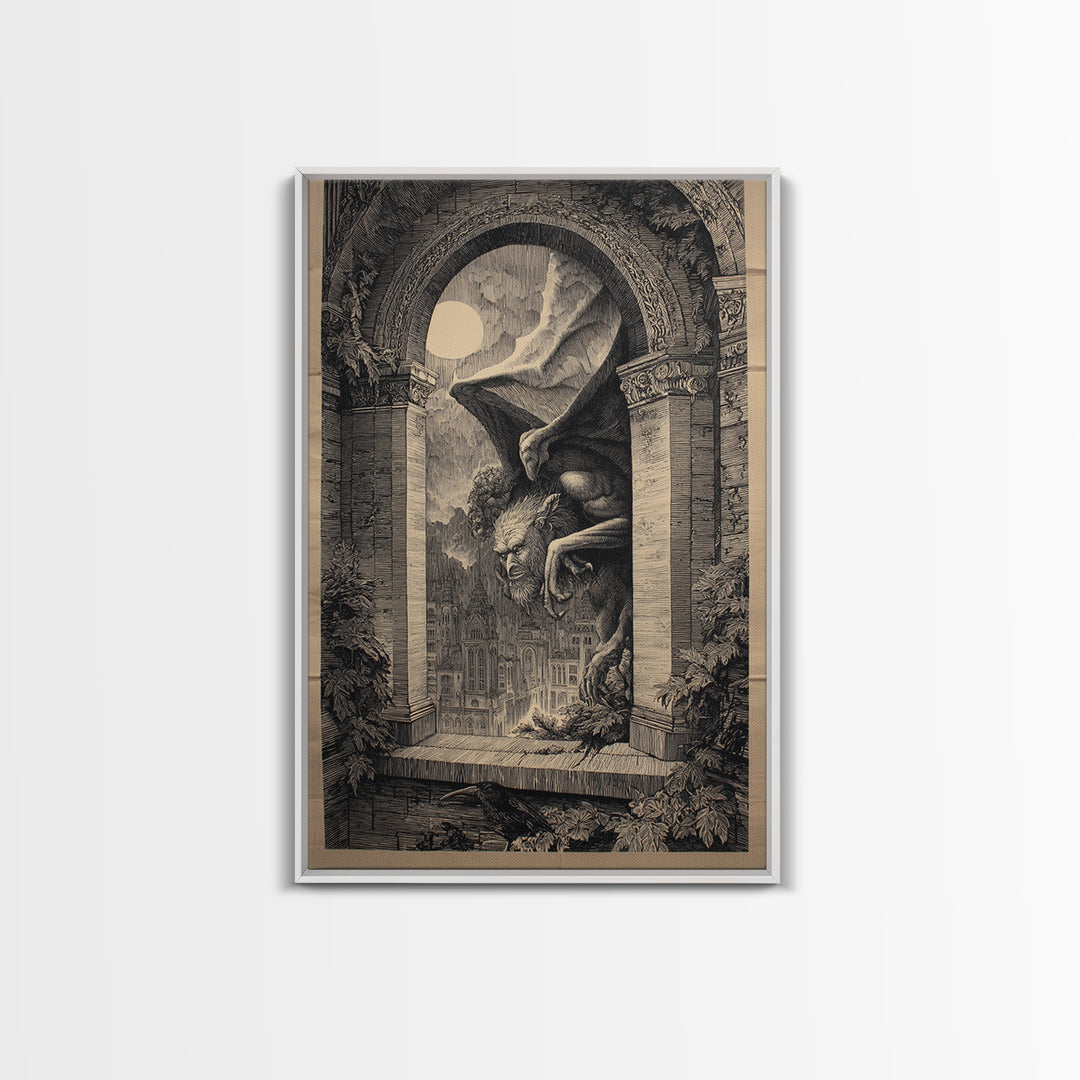The Gargoyle Sentinel, Victorian Macabre Art, Vertical Wall Art, Dark Fantasy Wall Art, Framed Canvas Print, Halloween Wall Art