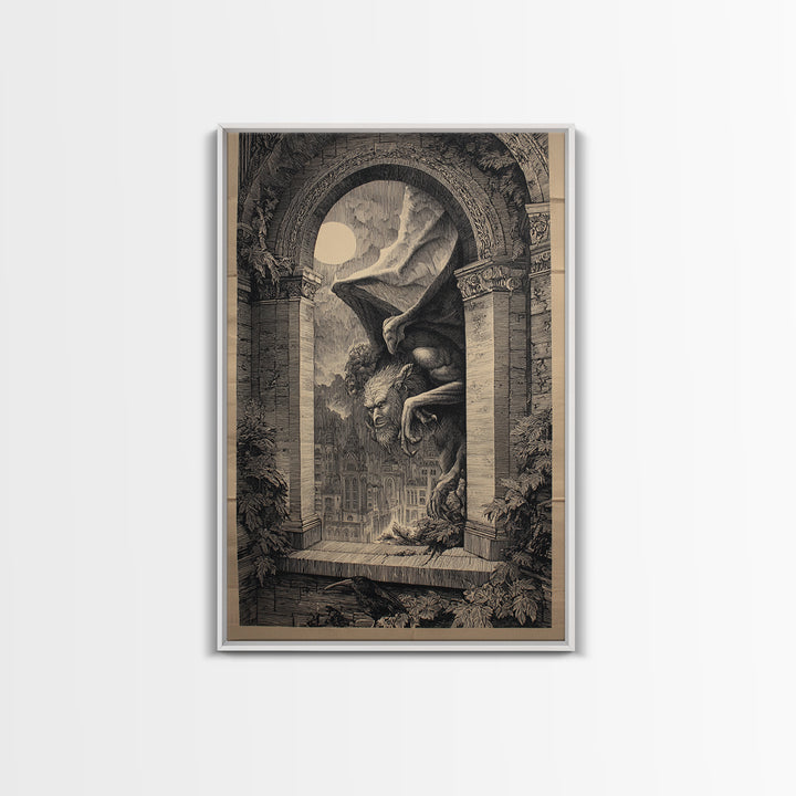 The Gargoyle Sentinel, Victorian Macabre Art, Vertical Wall Art, Dark Fantasy Wall Art, Framed Canvas Print, Halloween Wall Art