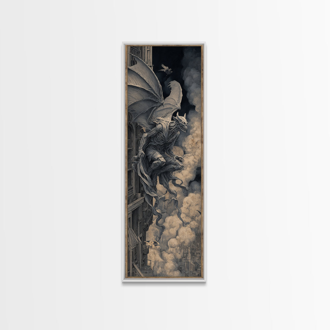 The Gargoyle Sentinel, Biomechanical Horror Art, Tall Narrow Wall Art, Macabre Wall Art, Canvas Print, Halloween Wall Art, Halloween Decor