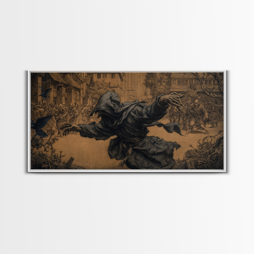 The Tattered Wraith, Northern Renaissance Horror, Wide Panoramic Art, Macabre Wall Art, Framed Canvas Print, Halloween Wall Art