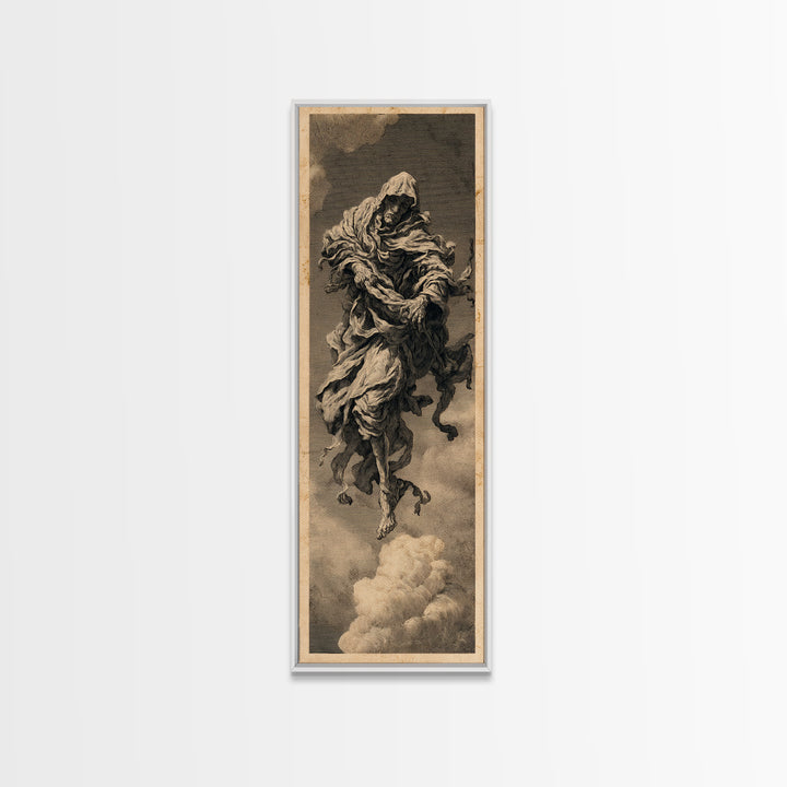 The Tattered Wraith, Architectural Etching Art, Tall Narrow Wall Art, Dark Halloween Decor, Framed Canvas Print