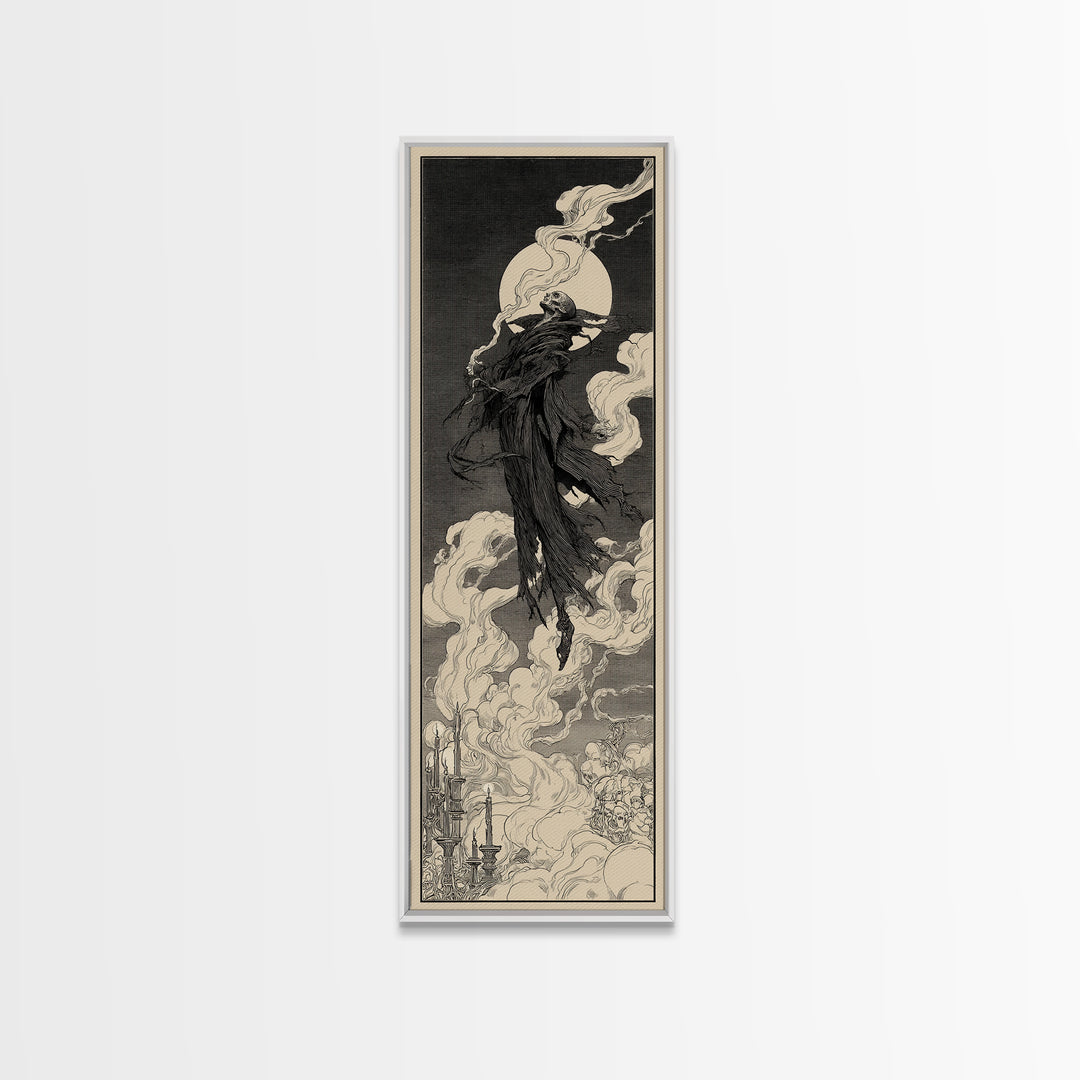 The Tattered Wraith, Decadent Line Art, Tall Narrow Wall Art, Dark Halloween Decor, Framed Canvas Print, Halloween Wall Art
