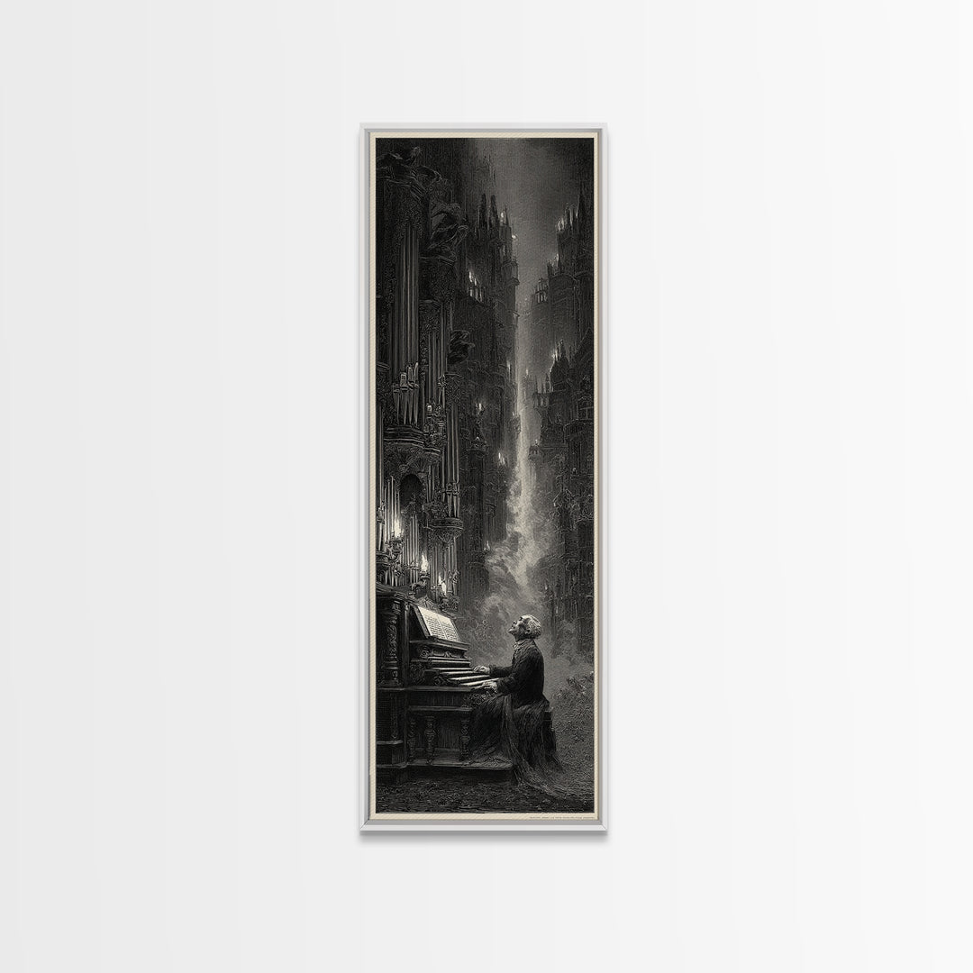 The Phantom Organist, Gothic Engraving Art, Tall Narrow Wall Art, Dark Fantasy Wall Art, Framed Canvas Print, Halloween Wall Art