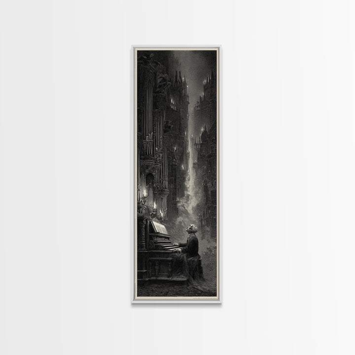 The Phantom Organist, Gothic Engraving Art, Tall Narrow Wall Art, Dark Fantasy Wall Art, Framed Canvas Print, Halloween Wall Art