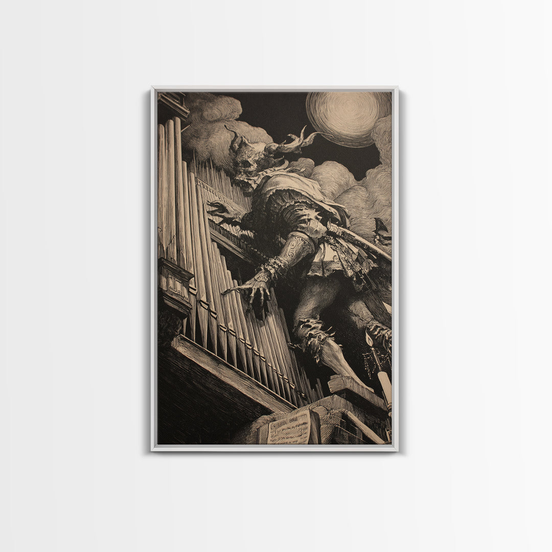 The Phantom Organist, Renaissance Engraving Art, Vertical Wall Art, Macabre Wall Art, Canvas Print, Halloween Wall Art, Statement Wall Art