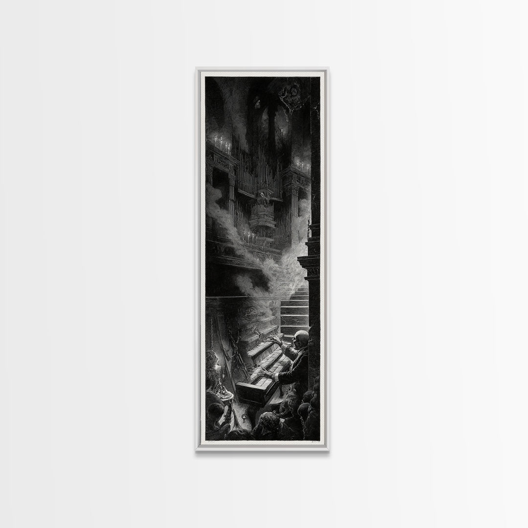 The Phantom Organist, Architectural Etching Art, Tall Narrow Wall Art, Macabre Wall Art, Canvas Print, Halloween Wall Art