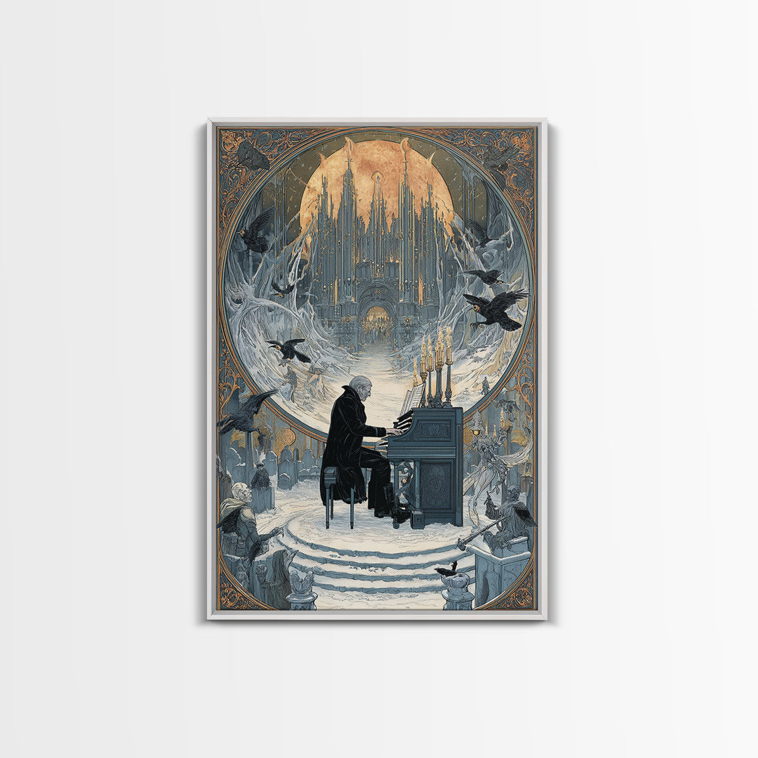 The Phantom Organist, Symbolist Death Art, Vertical Wall Art, Dark Fantasy Wall Art, Framed Canvas Print, Halloween Wall Art