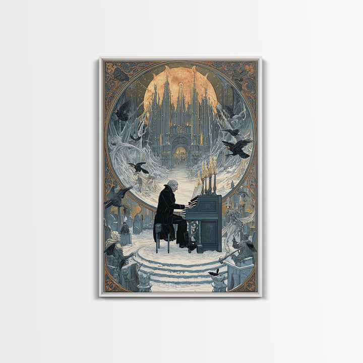 The Phantom Organist, Symbolist Death Art, Vertical Wall Art, Dark Fantasy Wall Art, Framed Canvas Print, Halloween Wall Art