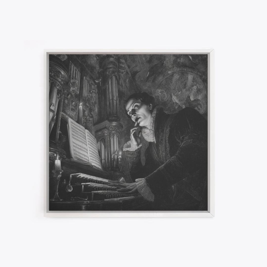 The Phantom Organist, Dark Symbolist Art, Square Wall Art, Dark Halloween Decor, Framed Canvas Print, Halloween Wall Art