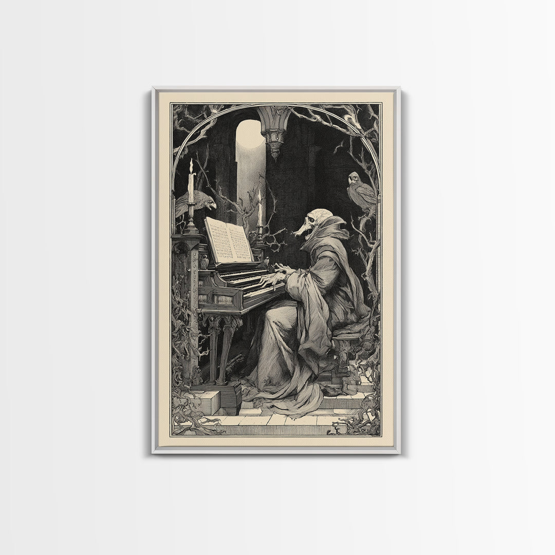 The Phantom Organist, Symbolist Etching Art, Vertical Wall Art, Dark Fantasy Wall Art, Framed Canvas Print, Halloween Wall Art