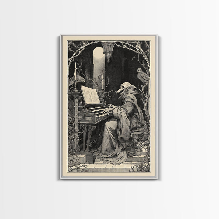 The Phantom Organist, Symbolist Etching Art, Vertical Wall Art, Dark Fantasy Wall Art, Framed Canvas Print, Halloween Wall Art