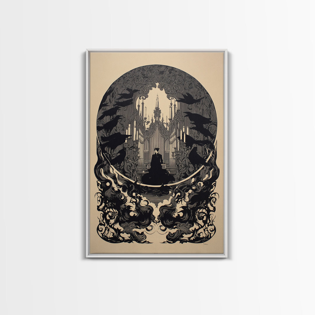 The Phantom Organist, Decadent Line Art, Vertical Wall Art, Gothic Horror Wall Art, Framed Canvas Print, Halloween Wall Art