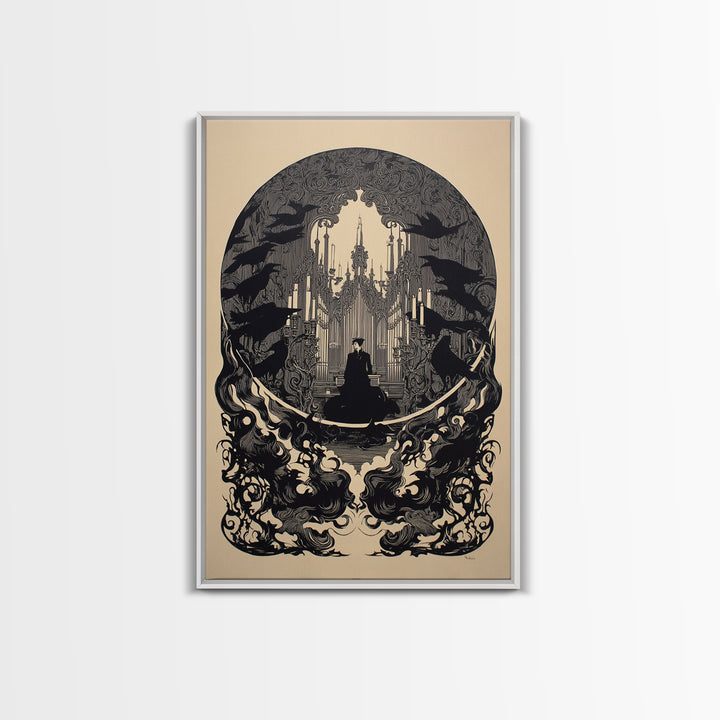 The Phantom Organist, Decadent Line Art, Vertical Wall Art, Gothic Horror Wall Art, Framed Canvas Print, Halloween Wall Art