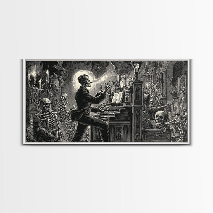 The Phantom Organist, Macabre Folk Print Art, Wide Panoramic Art, Dark Fantasy Wall Art, Framed Canvas Print, Halloween Wall Art