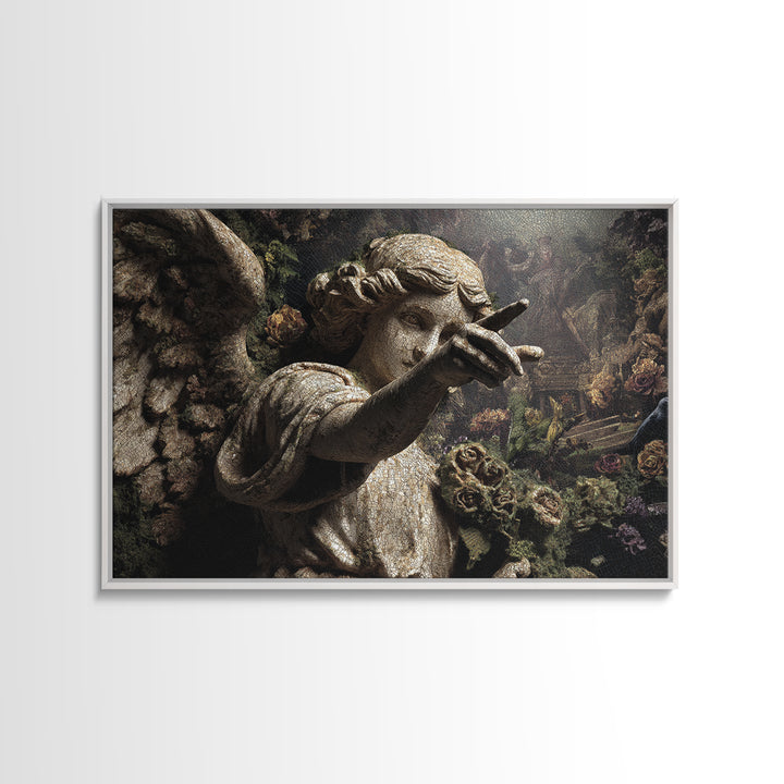 The Weeping Cemetery Angel, Medieval Grotesque Art, Landscape Wall Art, Dark Halloween Decor, Framed Canvas Print, Halloween Wall Art