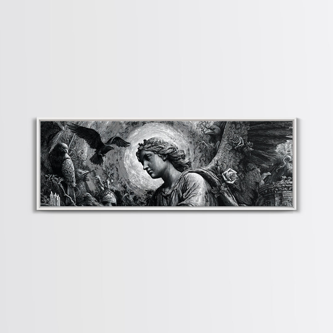The Weeping Cemetery Angel, Renaissance Engraving Art, Extra Wide Wall Art, Dark Fantasy Wall Art, Canvas Print, Halloween Wall Art