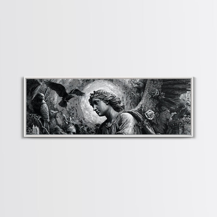 The Weeping Cemetery Angel, Renaissance Engraving Art, Extra Wide Wall Art, Dark Fantasy Wall Art, Canvas Print, Halloween Wall Art