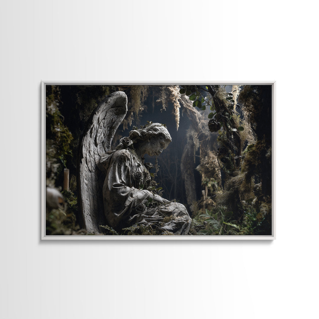 The Weeping Cemetery Angel, Baroque Witchcraft Art, Landscape Wall Art, Dark Halloween Decor, Canvas Print, Halloween Wall Art