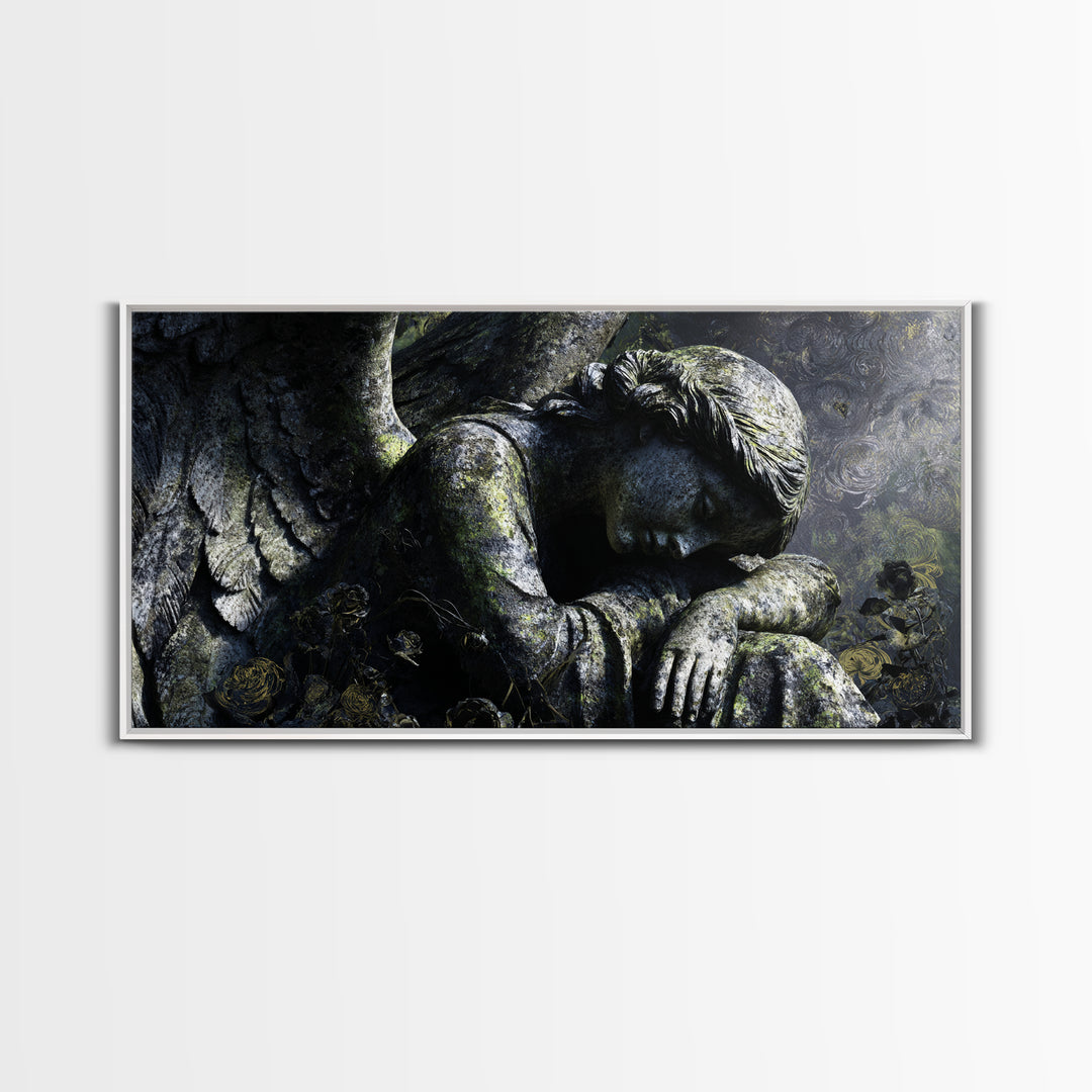 The Weeping Cemetery Angel, Visionary Gothic Art, Wide Panoramic Art, Macabre Wall Art, Framed Canvas Print, Halloween Wall Art