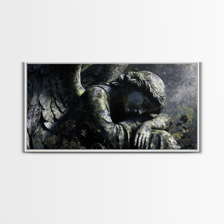 The Weeping Cemetery Angel, Visionary Gothic Art, Wide Panoramic Art, Macabre Wall Art, Framed Canvas Print, Halloween Wall Art
