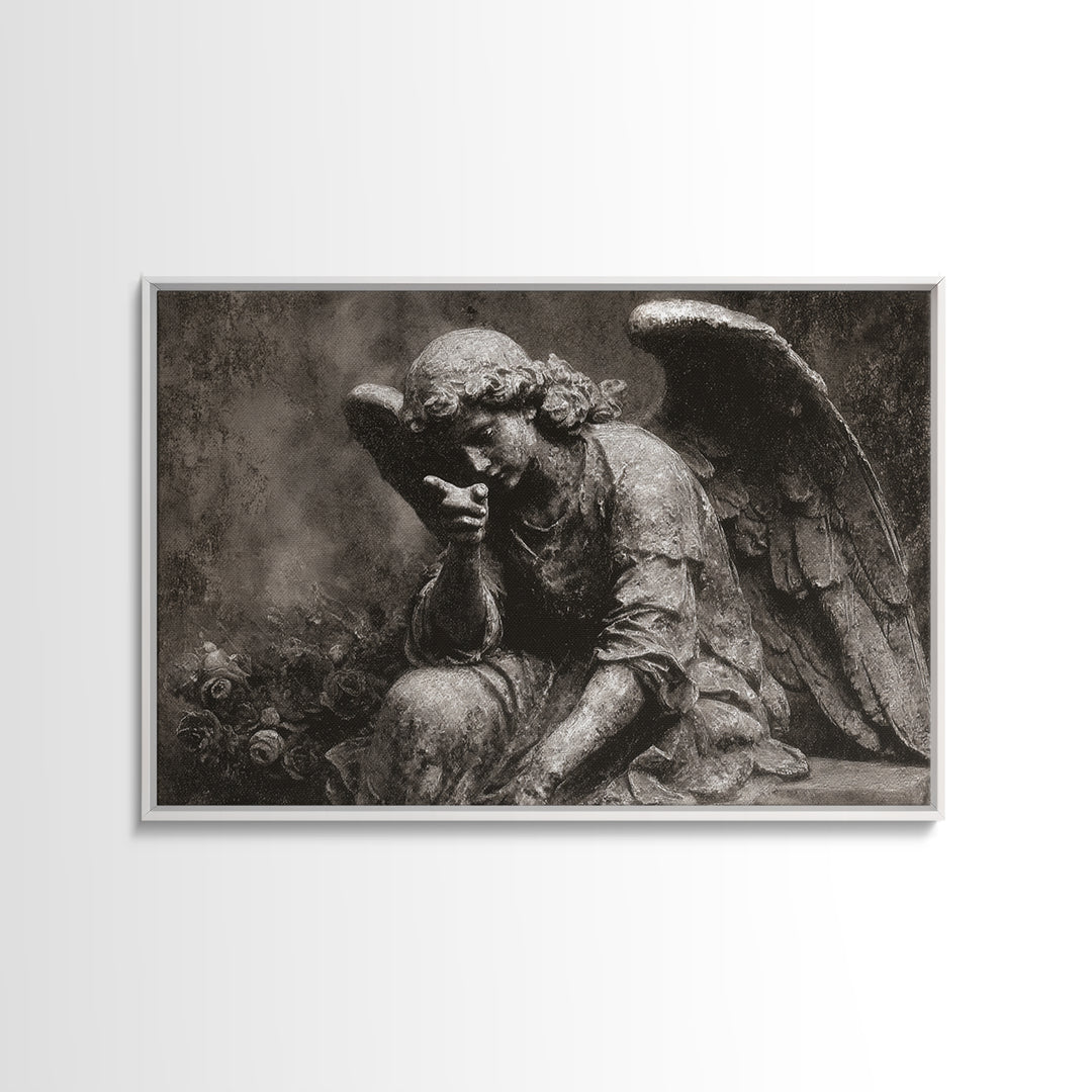 The Weeping Cemetery Angel, Symbolist Dream Art, Landscape Wall Art, Dark Fantasy Wall Art, Canvas Print, Halloween Wall Art