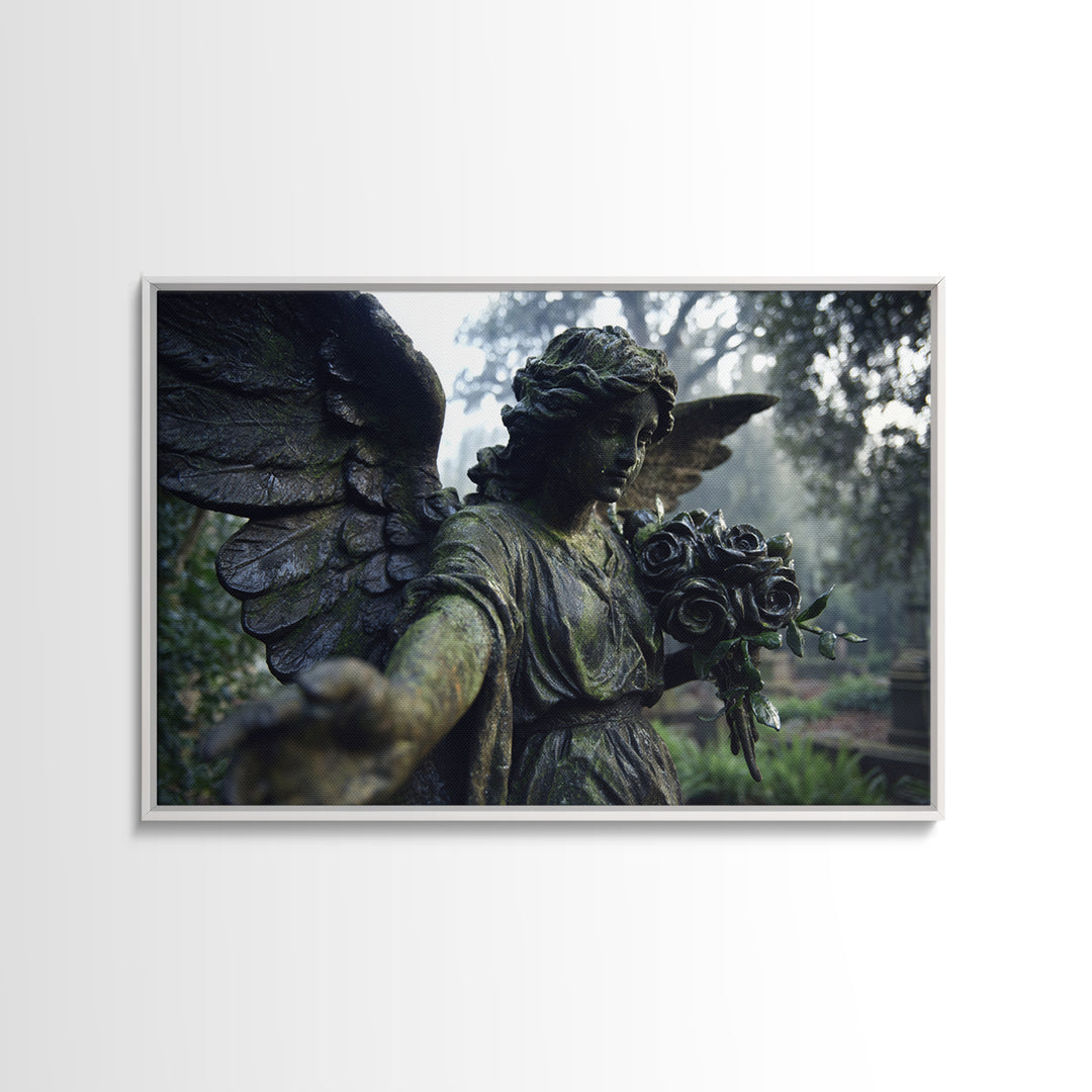 The Weeping Cemetery Angel, Symbolist Etching Art, Landscape Wall Art, Dark Fantasy Wall Art, Canvas Print, Halloween Wall Art