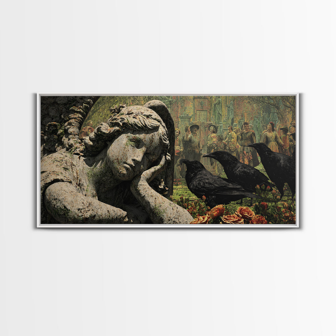 The Weeping Cemetery Angel, Grotesque Carnival Art, Wide Panoramic Art, Dark Halloween Decor, Framed Canvas Print, Halloween Wall Art