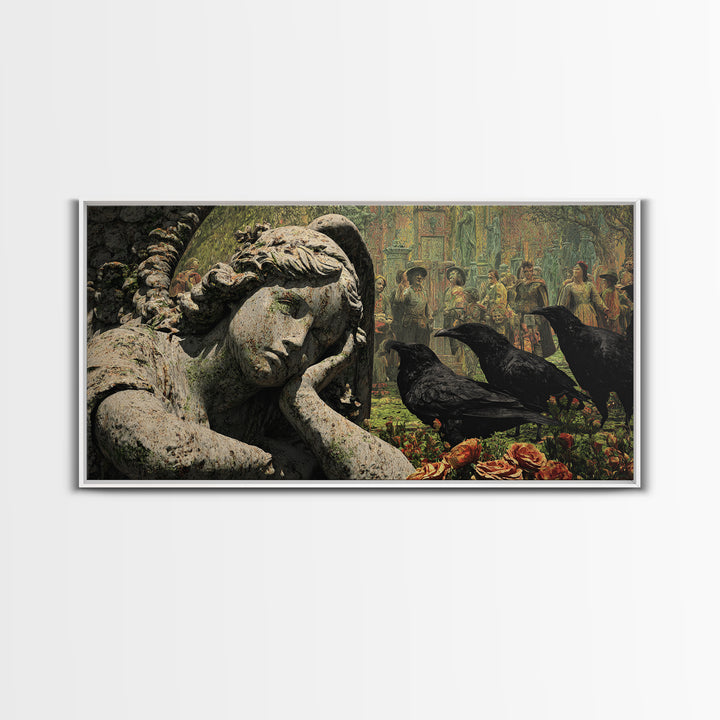 The Weeping Cemetery Angel, Grotesque Carnival Art, Wide Panoramic Art, Dark Halloween Decor, Framed Canvas Print, Halloween Wall Art