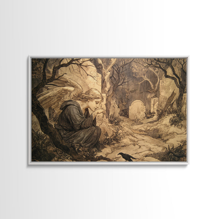 The Weeping Cemetery Angel, Gothic Storybook Art, Landscape Wall Art, Dark Fantasy Wall Art, Canvas Print, Halloween Wall Art