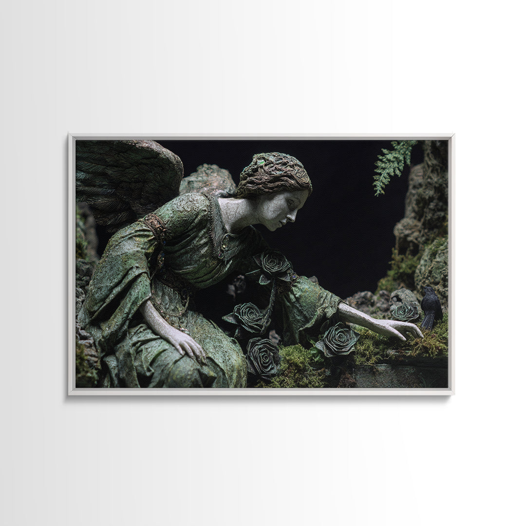 The Weeping Cemetery Angel, Stained Glass Gothic Art, Landscape Wall Art, Dark Fantasy Wall Art, Framed Canvas Print, Halloween Wall Art