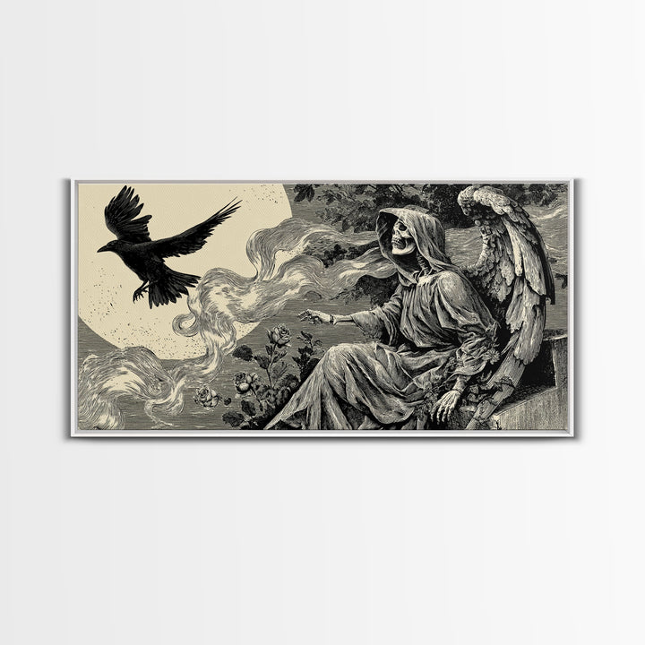 The Weeping Cemetery Angel, Macabre Folk Print Art, Wide Panoramic Art, Macabre Wall Art, Canvas Print, Halloween Wall Art
