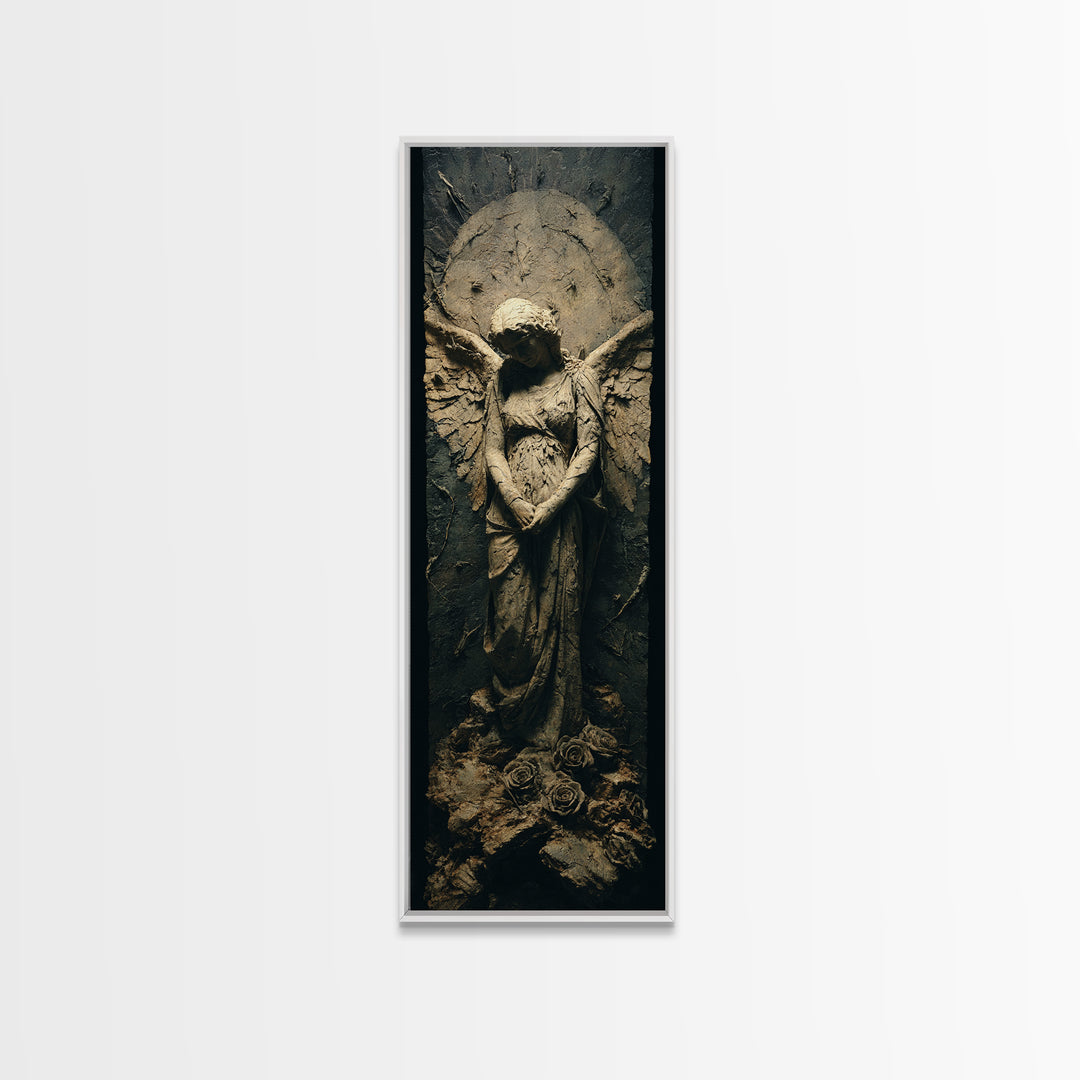 The Weeping Cemetery Angel, Surreal Apocalyptic Art, Tall Narrow Wall Art, Dark Halloween Decor, Framed Canvas Print