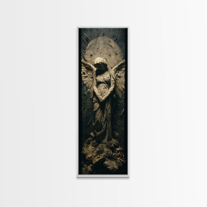 The Weeping Cemetery Angel, Surreal Apocalyptic Art, Tall Narrow Wall Art, Dark Halloween Decor, Framed Canvas Print
