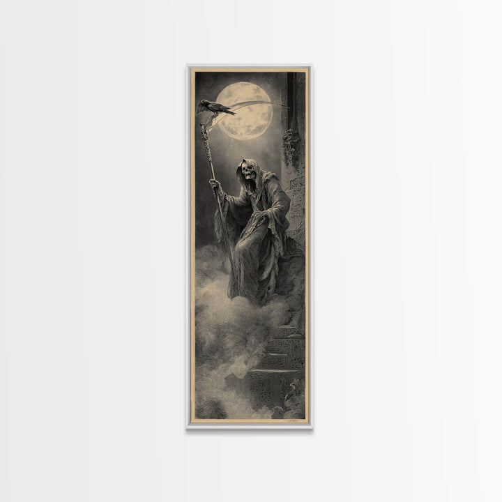The Fog-Bound Reaper, Gothic Engraving Art, Tall Narrow Wall Art, Dark Halloween Decor, Framed Canvas Print, Halloween Wall Art