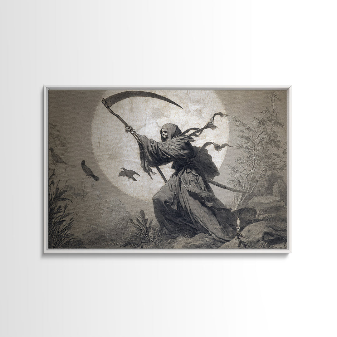 The Fog-Bound Reaper, Medieval Grotesque Art, Landscape Wall Art, Macabre Wall Art, Framed Canvas Print, Halloween Wall Art