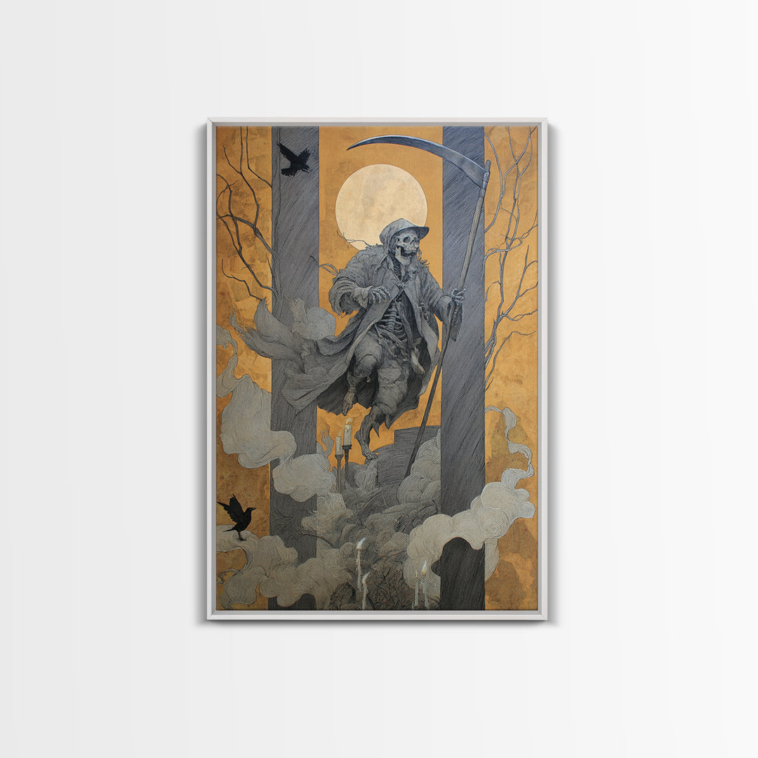 The Fog-Bound Reaper, Danse Macabre Art, Vertical Wall Art, Gothic Horror Wall Art, Framed Canvas Print