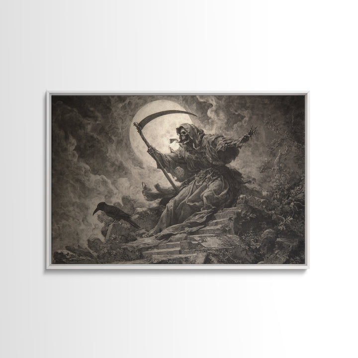 The Fog-Bound Reaper, Baroque Witchcraft Art, Landscape Wall Art, Dark Fantasy Wall Art, Framed Canvas Print, Halloween Wall Art